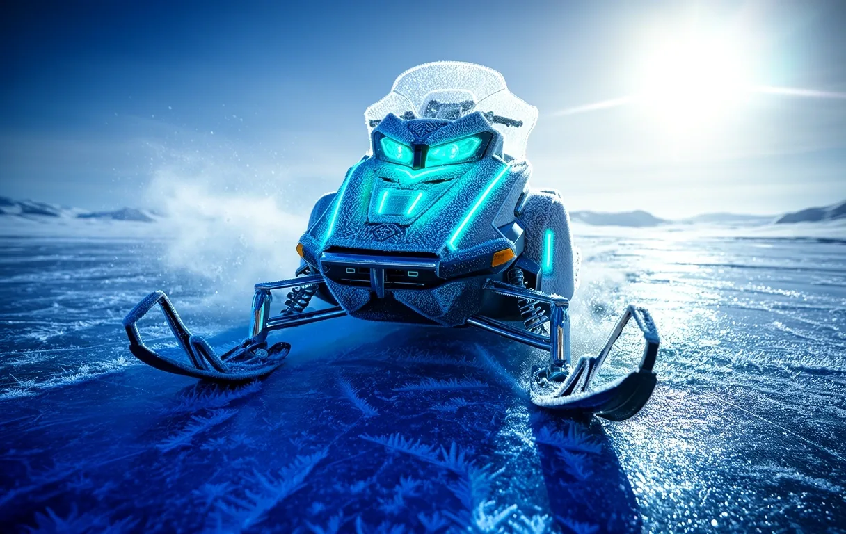 Futuristic snowmobile on frozen lake