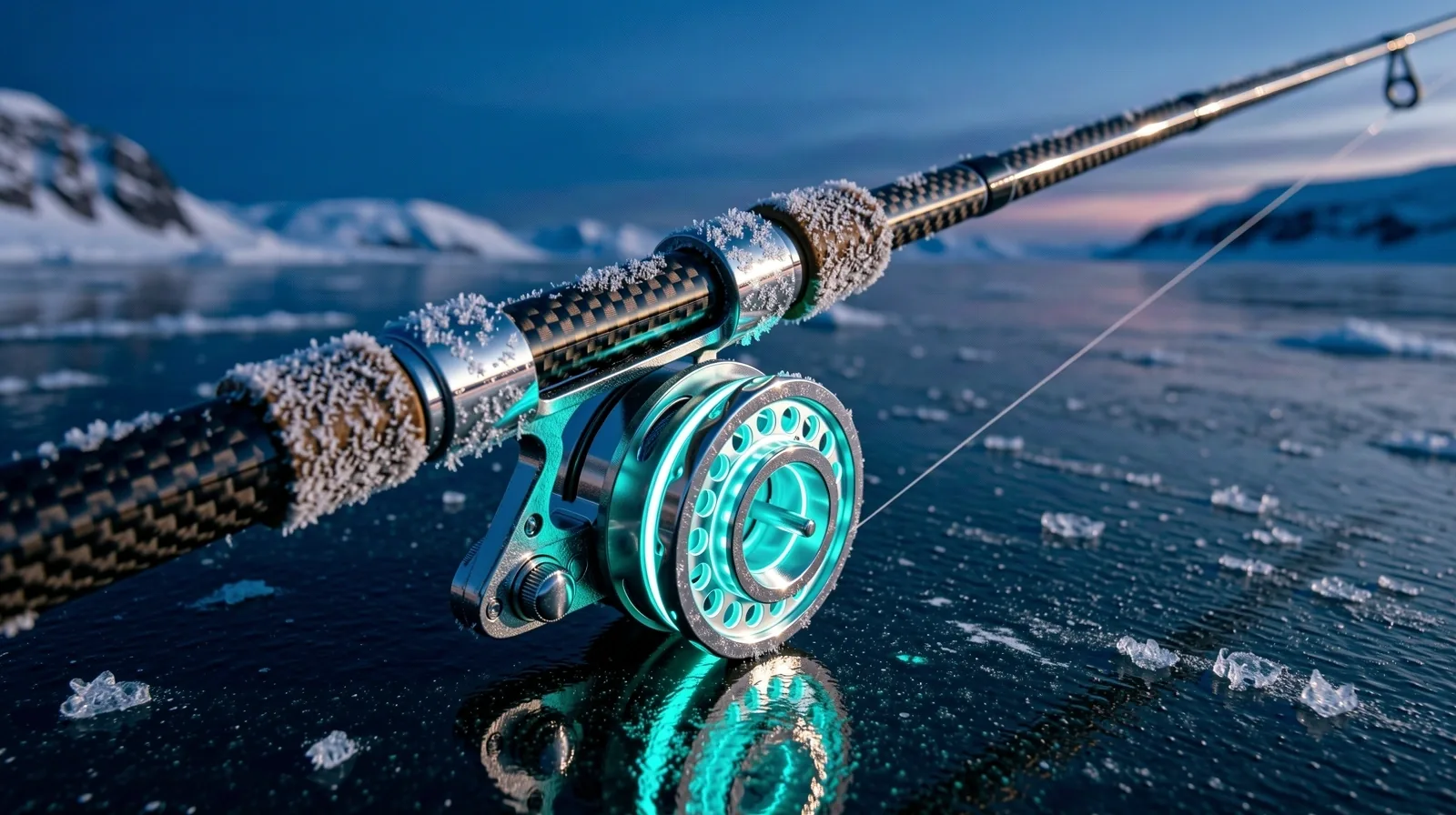 Arctic fishing equipment with frost textures